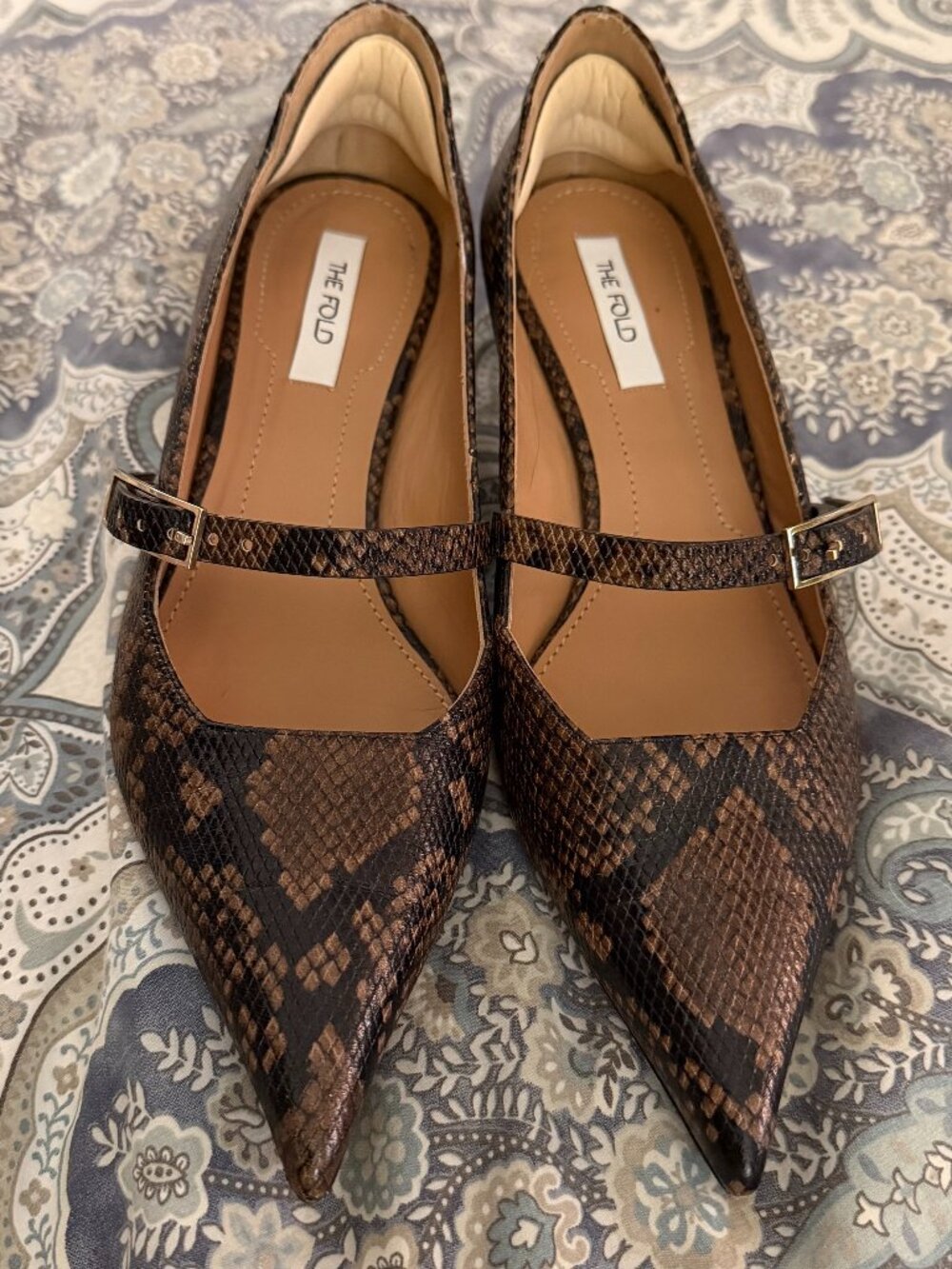 The Fold Dark Brown Leather Snakeskin Mary Jane Heels Size 38